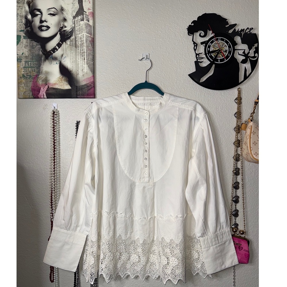 We The Free Free People White Lace Trim Bib Tunic Button Blouse Top Medium NWT